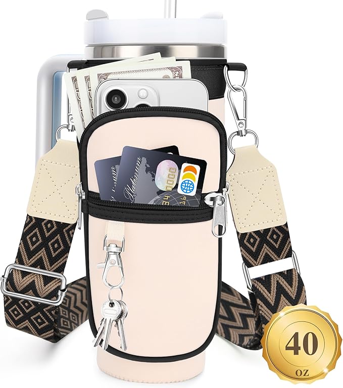 Water Bottle Carrier Bag with Strap for Stanley 40/30 oz Tumbler with Handle, Water Bottle Holder Pouch with Phone Pocket for Stanley Cup Accessories, fit Walking Hiking Travel