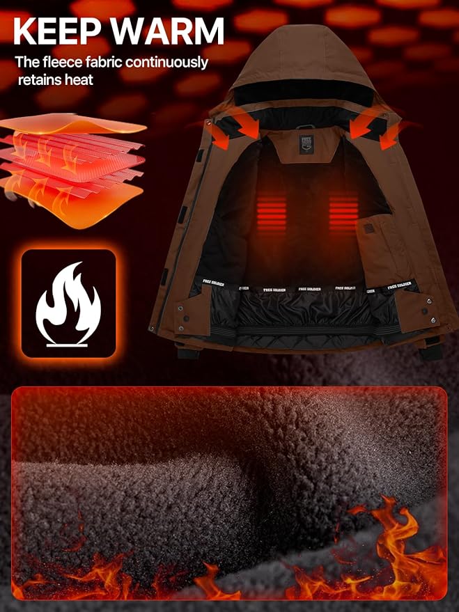 FREE SOLDIER Men's Waterproof Ski Jacket Fleece Lined Warm Winter Snow Coat with Hood Fully Taped Seams