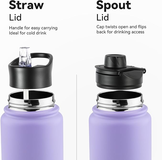 24oz Insulated Water Bottle with Straw Lid, Stainless Steel Metal Water Bottle with Straw & Wide Mouth Lid, Double Wall Vacuum Water Bottle for Hiking Camping, Lavender 4 Pack