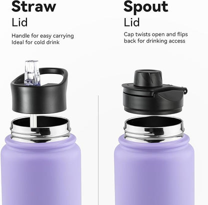 24oz Insulated Water Bottle with Straw Lid, Stainless Steel Metal Water Bottle with Straw & Wide Mouth Lid, Double Wall Vacuum Water Bottle for Hiking Camping, Lavender 4 Pack