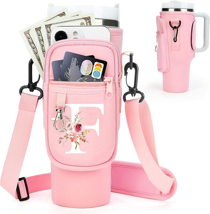 Initial Water Bottle Holder with Strap for Stanley 40 oz Tumbler/Simple Modern 40 oz Tumbler,Water Bottle Carrier Bag with Strap,Personalized A-Z Phone Pocket for Stanley Cup Accessories