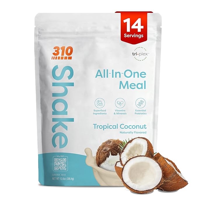 310 Nutrition All-In-One Meal Replacement Shake Powder - Plant-Based Protein Smoothie Blend w/High Fiber, Probiotics & Adaptogens - Low Carb, Vegan, Keto & Paleo Friendly - Tropical Coconut - 14 Srv