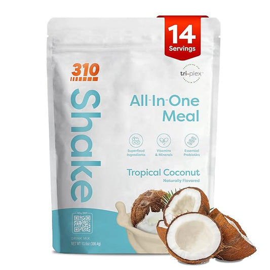 310 Nutrition All-In-One Meal Replacement Shake Powder - Plant-Based Protein Smoothie Blend w/High Fiber, Probiotics & Adaptogens - Low Carb, Vegan, Keto & Paleo Friendly - Tropical Coconut - 14 Srv