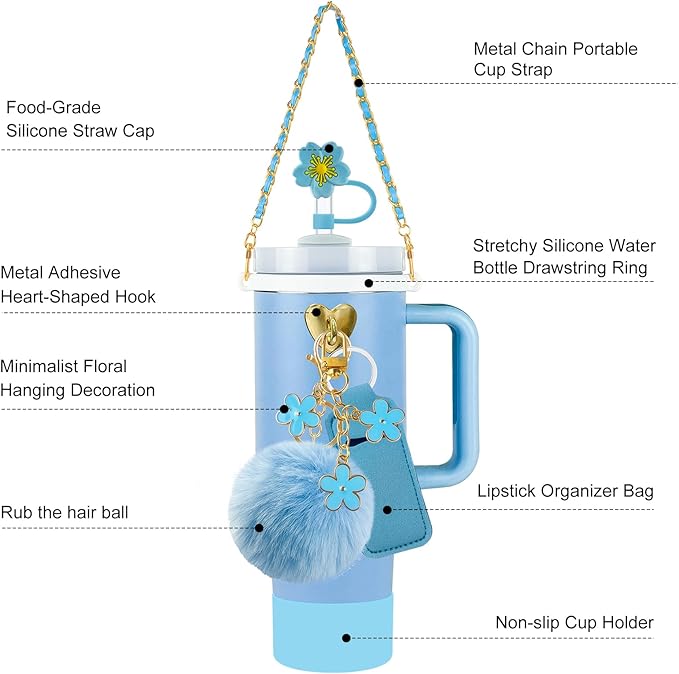 Velaco 11 PCS Accessories for Stanley Cup, Water Bottle Handle Strap for Stanley 30/40 oz tumbler with handle, including Straw Toppers, Silicone Cup Boot, Keychain Charms - Blue