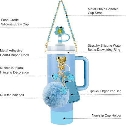 Velaco 11 PCS Accessories for Stanley Cup, Water Bottle Handle Strap for Stanley 30/40 oz tumbler with handle, including Straw Toppers, Silicone Cup Boot, Keychain Charms - Blue