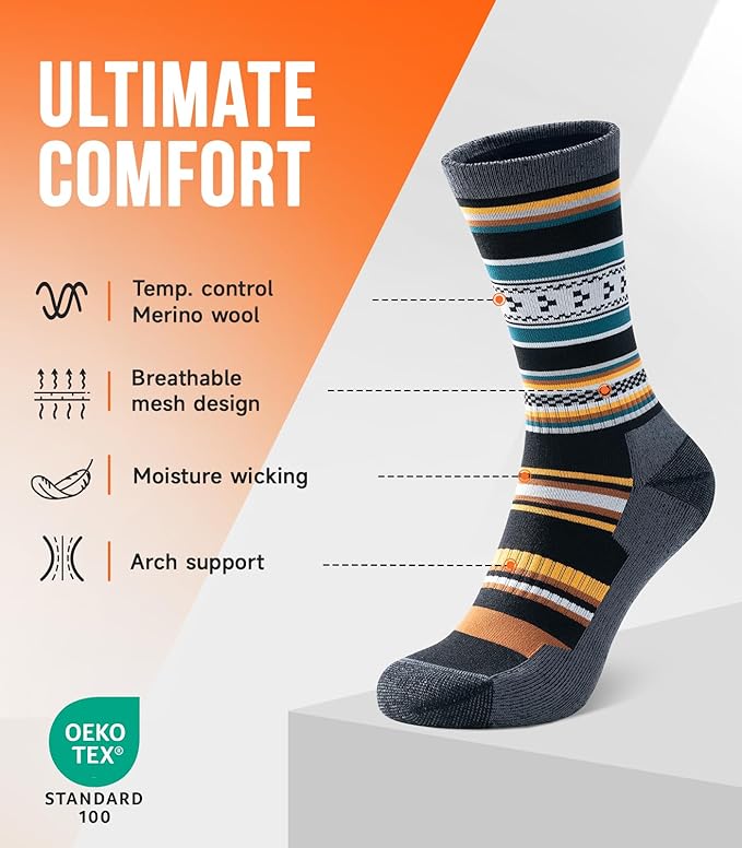 PULIOU Merino Wool Hiking Socks for Men & Women, 3 Pairs Cushioned Moisture Wicking Crew Boot Socks for Work & Outdoors