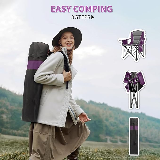 2 Pack Padded Oversized Camping Chairs for Adults,Heavy Duty Support 400 Lbs,Folding Portable Lawn Chair w/Cup Holder,Cooler Bag,Side Pocket,Perfect for Outdoor Picnic,Hiking(Purple&Black)