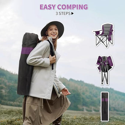 2 Pack Padded Oversized Camping Chairs for Adults,Heavy Duty Support 400 Lbs,Folding Portable Lawn Chair w/Cup Holder,Cooler Bag,Side Pocket,Perfect for Outdoor Picnic,Hiking(Purple&Black)