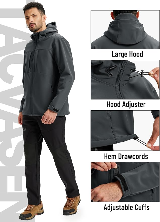TACVASEN Men's Softshell Jacket with Hood Waterproof Tactical Fleece Coat Winter Windbreaker Lightweight Rain Jackets