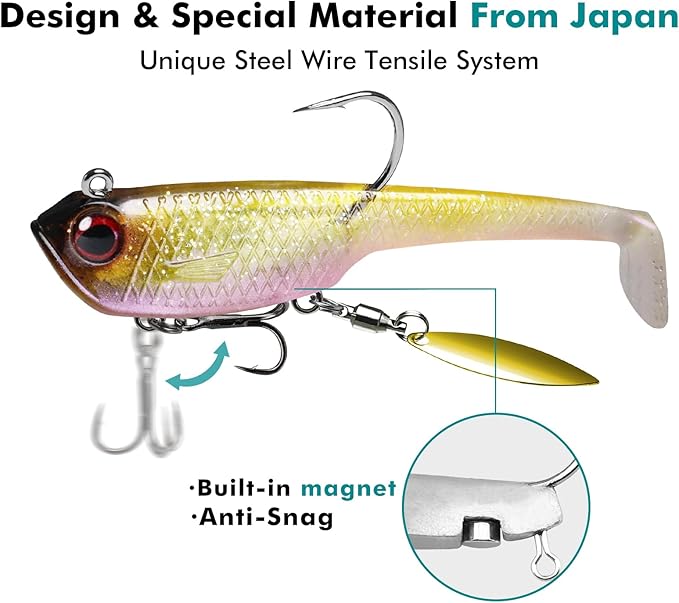 TRUSCEND Easy Catch Pre-Rigged Soft Lures, Unique Vibrating Swim Action and Trembly Sinking Move for More Bites, Amazing Soft Swimbait for Family Fishing, Fishing Lures for Bass Trout Crappie Walleye