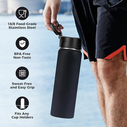 Neihepal 22 oz Insulated Water Bottles Bulk, Stainless Steel Water Bottles Bulk with Leak Proof Straw Lid, Wide Mouth Double Walled Vacuum Keeps Cold and Hot(Black,8 Pack)