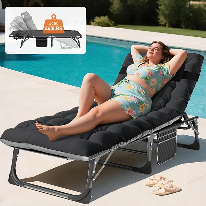 MOPHOTO Folding Lounge Chair 5-Position, Folding Cot, Portable Outdoor Chaise Lounge Chair for Sun Tanning, Perfect for Pool Beach Patio Sunbathing