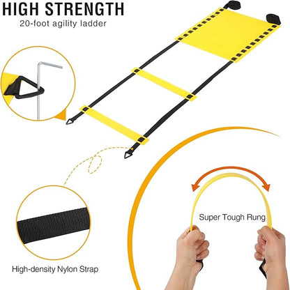 REDCAMP Agility Speed Training Equipment Set, 20ft 12 Rungs Agility Ladder, Jump Rope,10 Disc Cones, Resistance Parachute, 5 Resistance Bands, Football Practice Training Accessories with Storage Bag