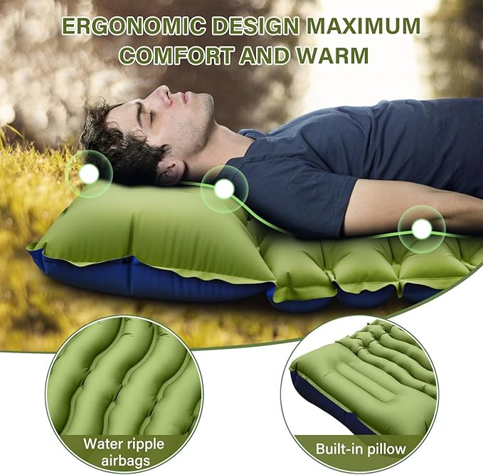 Camping Sleeping Pad, Ultralight Camping Mat with Pillow, Built-in Foot Pump Inflatable Sleeping Pads Compact for Camping Backpacking Hiking Traveling Tent,Single,Green.