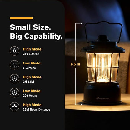 LUXPRO Retro LED Lantern - Battery-Powered Emergency Lantern - Water Resistant - Bright LED Lamp for Indoor & Outdoor Use - Use for Tents, Hiking or Hurricane Prep (Blac, Pack of 1)