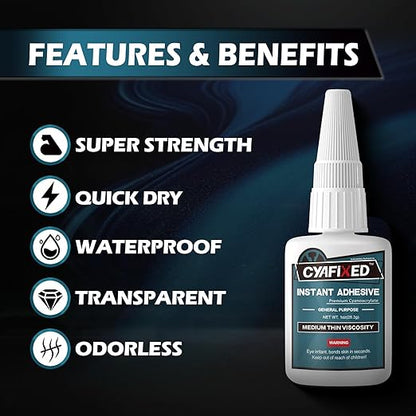 Super Glue Liquid, Instant Clear Cyanoacrylate Medium Thin Viscosity Adhesive, All Purpose CA Glue for Shoe Repair Leather Ceramic Plastic Glass Metal Wood Porcelain Rubber Pottery Model Craft