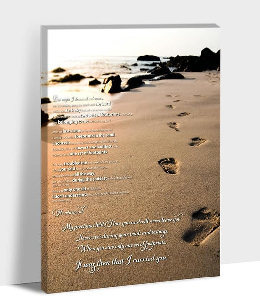 Footprints in the Sand Wall Art Decor, Footprints in the Sand Canvas Prints Wall Art, Inspirational Christian Poem Wall Poster Gift, Beach Picture Wall Art for Living Room Beach Office 18"Wx24"HInches