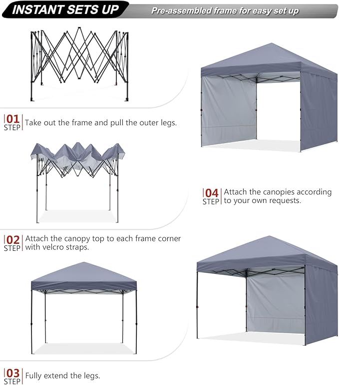 ABCCANOPY Easy Pop up Canopy Tent with 2 Sidewalls for Outdoor Sun Blocking or Rain Protection,8X8, Gray
