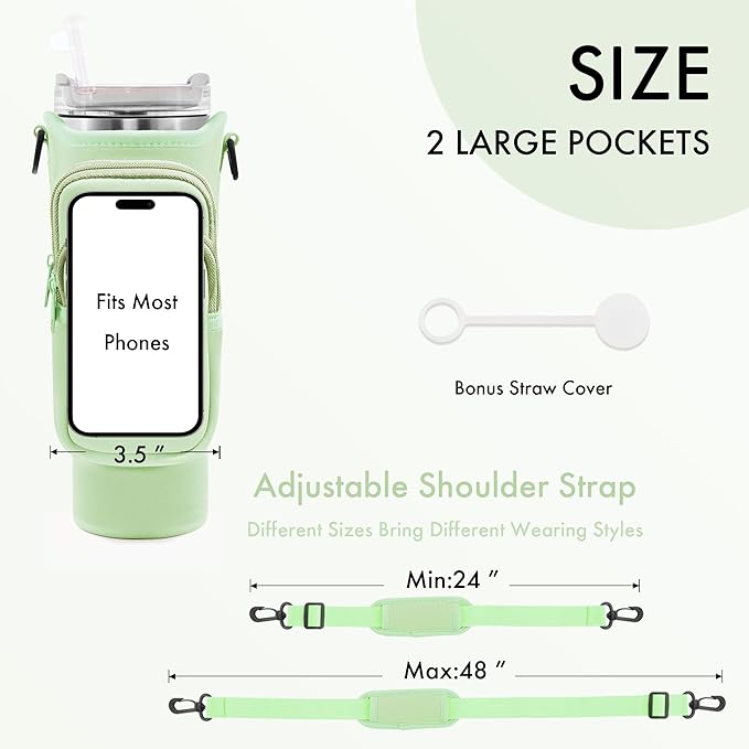 Water Bottle Carrier Bag with Phone Pocket for Stanley Cup 40/30 oz, Water Bottle Holder with Adjustable Strap& Straw Cover, Stanley Cup Accessories