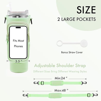 Water Bottle Carrier Bag with Phone Pocket for Stanley Cup 40/30 oz, Water Bottle Holder with Adjustable Strap& Straw Cover, Stanley Cup Accessories