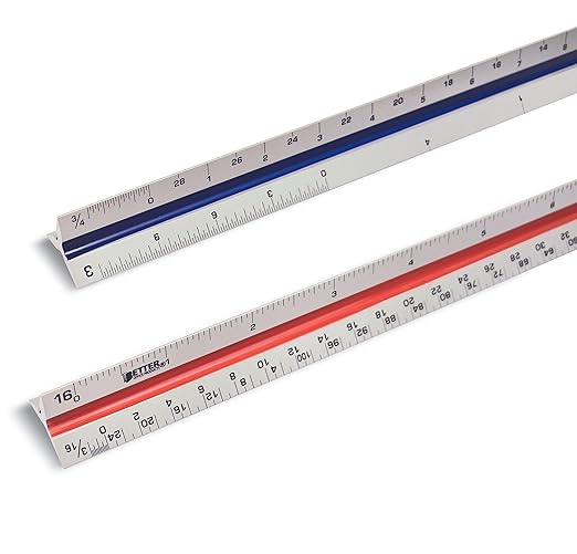 Better Office Products Triangular Ruler, 12 inch Metal Ruler, Triple Sided Color Coded, Imperial Scale Measurements, Drafting Ruler, Architect Ruler (2 Pack)