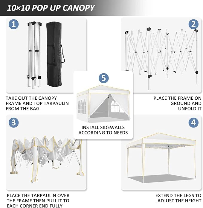 COBIZI 10x10 Pop up Canopy, Canopy Tent 10x10 Gazebos, Ez up Canopy for Parties Outdoor Camping Party Event Shelter Sun Shade with 4 Sidewalls & Carry Bag 4 Stakes & Ropes & Sandbags, White