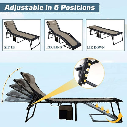 Oversized Padded Outdoor Folding Lounge Chair for Adults 330Ibs Patio Chaise Lounge Chair for Outside Adjustable 5-Position Reclining Beach Chair with Pillow Pocket