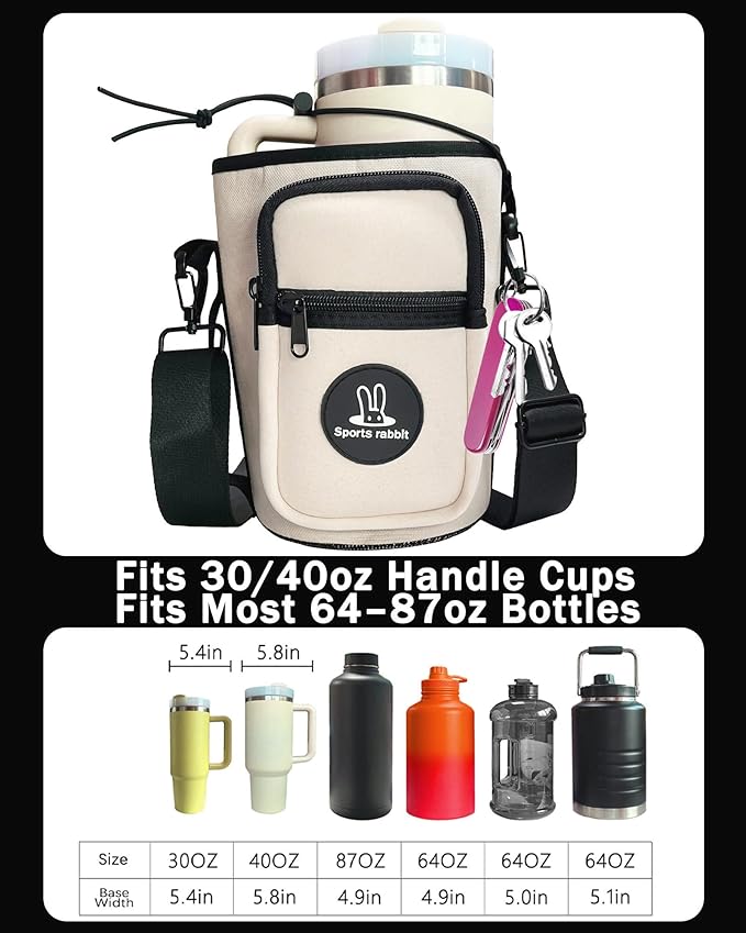 Sports rabbit Universal Water Bottle Holder – Durable Oxford & Neoprene Hybrid Design Compatible with Stanley 30/40oz Handled & 64/87oz Straight Tumblers, Adjustable Strap for Gym, Travel, Outdoors