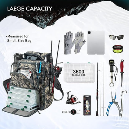 Piscifun Fishing Backpack with 2 Rod Holders & 4 Tackle Boxes, Large Tackle Storage Bag With Rain Cover for Fishing Gear