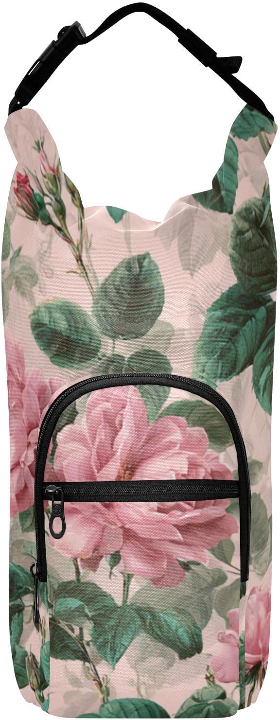 Pink Vintage Roses with Leaves Water Bottle Holder with Strap Insulated Water Bottle Carrier Crossbody Bags Pouch with Phone Pocket for Travel Gym Hiking Walking Running