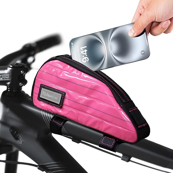 RideRow Bike Top Tube Bag Bicycle Front Frame Bag Waterproof Bike Pouch Pack,Phone Bag Cycling Accessories Pouch for Mountain Road Bike Pink
