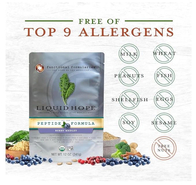 FUNCTIONAL FORMULARIES Liquid Hope Orgainc Peptide, Berry Medley, Tube Feed Formula, 23 g Protein, 7g Fiber, Meal Replacement, 12 Oz (24 Pack)