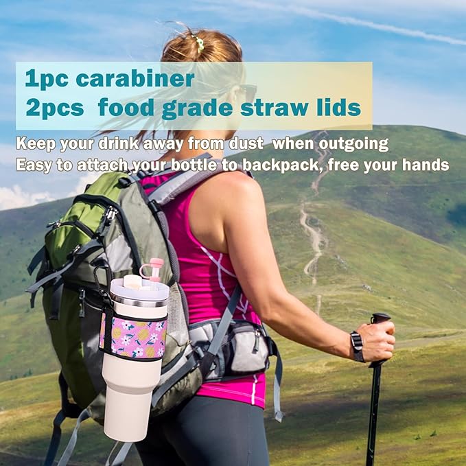 Water Bottle Carrier Holder with Shoulder Strap Water Bottle Handle Strap Sling for Stanley 30&40oz Tumblers with 2pc Straw Covers Toppers for Stanley Cup Accessories (Flower Print)