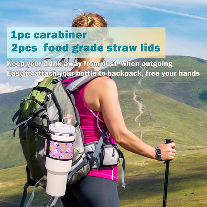 Water Bottle Carrier Holder with Shoulder Strap Water Bottle Handle Strap Sling for Stanley 30&40oz Tumblers with 2pc Straw Covers Toppers for Stanley Cup Accessories (Flower Print)