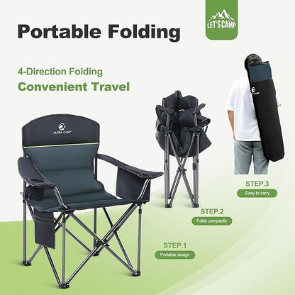 LET'S CAMP Oversized Folding Camping Chair Portable Outdoor Heavy Duty Padded Chairs Lawn Chair with Cup Holder, Storage Pocket and Cooler Bag, Supports 450LBS, for Camp, Travel, Picnic (Green)