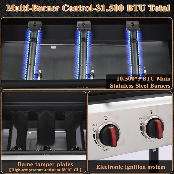 CIG GARDEN 3 Burner Propane Gas Grill, 31,500 BTU Output Outdoor BBQ Grill with Cast Iron Grates and Versatile Grill Pan, Perfect for Outdoor Cooking, Balcony, Backyard, Camping, Barbecue