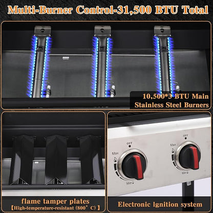 CIG GARDEN 3 Burner Propane Gas Grill, 31,500 BTU Output Outdoor BBQ Grill with Cast Iron Grates and Versatile Grill Pan, Perfect for Outdoor Cooking, Balcony, Backyard, Camping, Barbecue