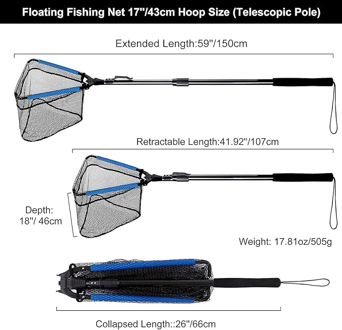 PLUSINNO Fishing Net Fish Landing Net, Foldable Collapsible Telescopic Pole Handle, Durable Nylon Material Mesh, Safe Fish Catching or Releasing