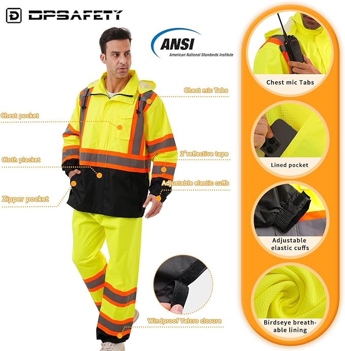 Hi Vis Safety rain Jacket，Reflective Class 3 Rain coat with Inner Mesh Lining and Pockets High Visibility Waterproof work Rain Suits for men&women（Yellow,2XL/3XL）