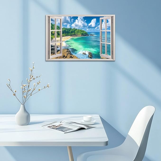 ANRUOXI Beach Window Canvas Wall Art, Enclosed Bedroom Living Room Ocean Coastal Channel Scene Picture, Tropical Sea Landscape Painting Print Artwork Horizontal Seascape Artwork for Bedroom 18x24 Inch