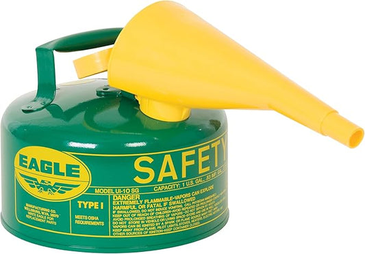 Eagle 1 Gallon Type I Green Safety Gas Can for Oil and Other Combustibles with Flame Arrester, Self-Closing Lid, and F-15 Funnel, Made in the USA, Galvanized Steel Flammable Storage Can, UI10FSG