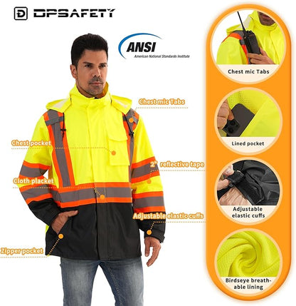 Reflective Rain jackets for men waterproof,Hi Vis Safety Coat With Reflective Strips，High Visibility Class 3 Rain jackets With 2 large pockets,Zipper,Lime,SM/MD