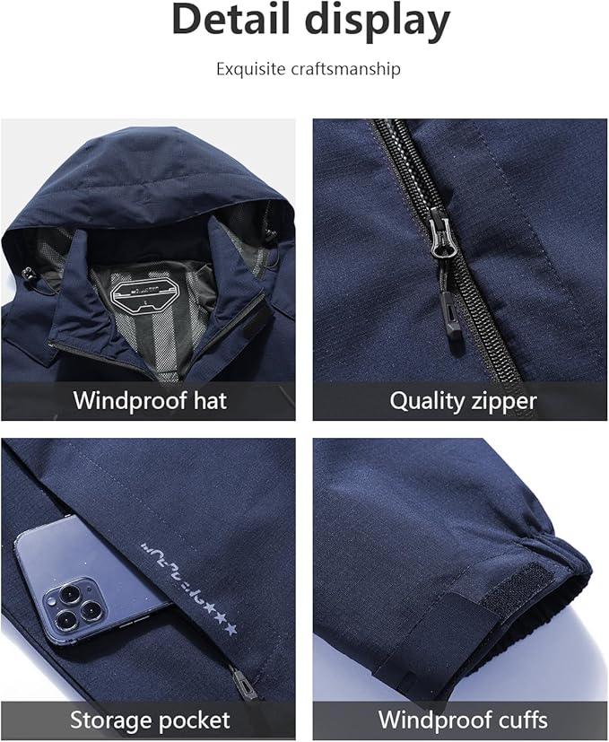 Outdoor Men's Waterproof Raincoat Windbreaker Lightweight Rain Jacket with Detachable Hood