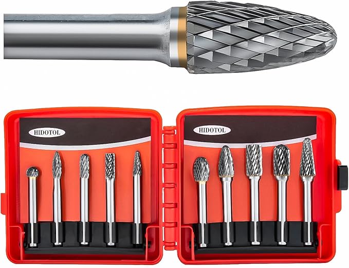 1/4" shank Carbide Burr Set Tungsten 10PC Double Cut Carbide Rotary Burr Set for Metal and Wood Carving, Grinding, Polishing, Engraving, Drilling with Plastic Box.