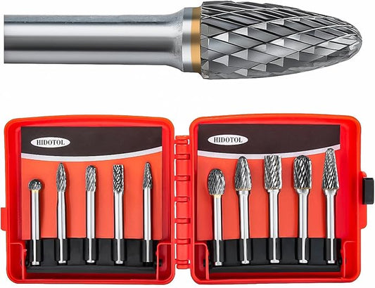 1/4" shank Carbide Burr Set Tungsten 10PC Double Cut Carbide Rotary Burr Set for Metal and Wood Carving, Grinding, Polishing, Engraving, Drilling with Plastic Box.