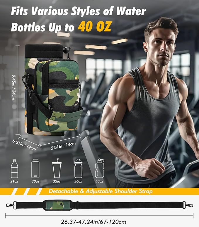 Nuovoware Water Bottle Carrier Bag,25oz/40oz/64oz Bottle Pouch Holder,Adjustable Shoulder Hand Strap 2 Pocket Sling Neoprene Sleeve Sports Accessories for Hiking Travelling Camping