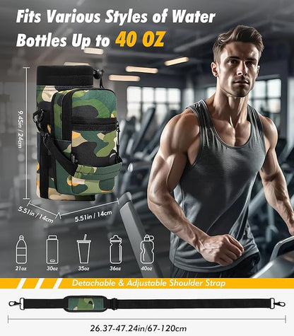 Nuovoware Water Bottle Carrier Bag,25oz/40oz/64oz Bottle Pouch Holder,Adjustable Shoulder Hand Strap 2 Pocket Sling Neoprene Sleeve Sports Accessories for Hiking Travelling Camping