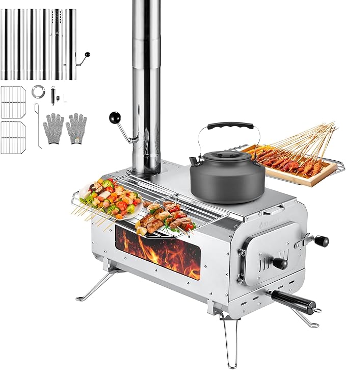 KingCamp Hot Tent Stove, Foldable Camping Stove with Large Firebox, 6.6ft Winter Camping Stove for Tent, Shelter, Cabin Heating, With Chimney Pipes, Heat Resistant Glass & Gloves for Outdoor