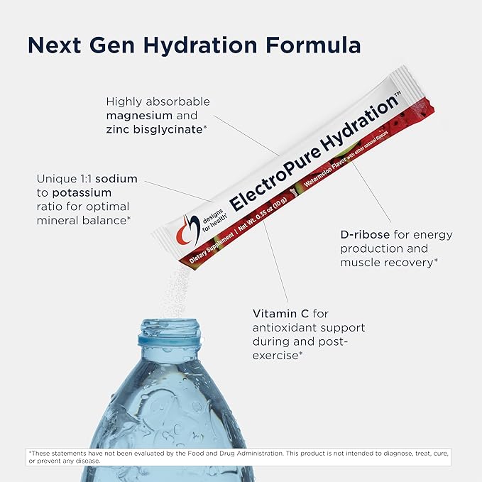 Designs for Health ElectroPure Hydration Packets, Watermelon Flavor - Electrolytes Powder with Vitamin C, Magnesium, Zinc, and Potassium - with Stevia and Monk Fruit Sweetener (14 Stick Packets)