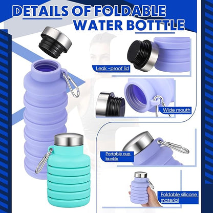Baderke 2 Pcs Collapsible Water Bottles 17oz Silicone Travel Foldable Portable Water Bottle with Buckle Silicone Lightweight Reusable Leakproof for Camping Hiking Cycling Sport(Green, Purple)